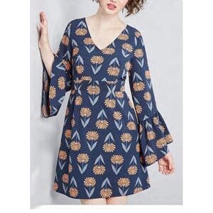 Modcloth 2XL Navy Floral Through The Bluebells Bell-Sleeve Empire-Waist Dress
